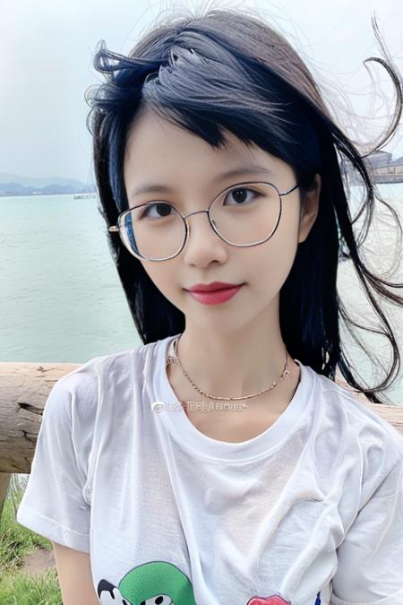 1girl, artist name, bangs, black hair, blue eyes, day, glasses, lips, looking at viewer, outdoors, portrait, realistic, round eyewear, shirt, smile, solo, white shirt,