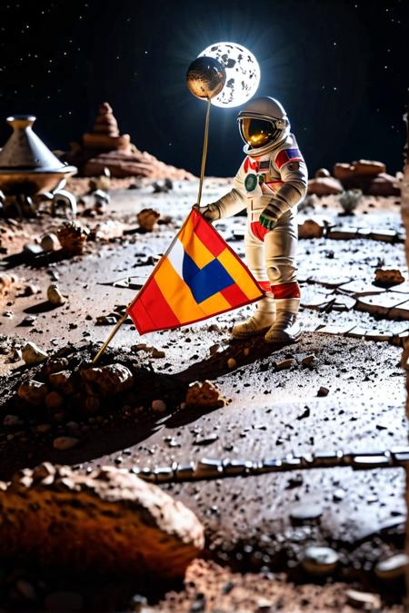 A close-up of an astronaut planting a flag beside a Tagine on the lunar surface. Earth is partially visible in the background, casting a soft glow. The composition highlights the contrast between Earth's vibrant colors and the barren moon landscape. The astronaut stands with one foot planted firmly, holding the flagpole with determination.