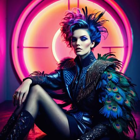 (CYBR-XL:1.4), soft colorful-hued colors, shot by ellen von unwerth, highly detailed fashion photoshoot, full body portrait of a supermodel wearing unexpected designer clothes sitting in a studio (with peacocks on her sides), abstract geometric gradients, geometric shapes, colorful background, detailed face, stunning beauty, detailed skin, skin texture, skin pores, (freckles:0.9). photorealistic, intricate details, film grain, hazy, blurry, (low lit, silhouette lighting:2) <lora:add-detail-xl:0.9>