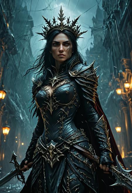 A captivating 3D rendering portrays a dark fantasy character, prepared for combat and likely serving as a formidable female assassin. Clad in a bold, menacing ensemble, she dons a crown of thorns and a billowing, dark cloak. Wielding an intricate, large sword, she stands before a foreboding, stormy background. The composition exudes a heightened, cinematic mood with intense lighting and an undercurrent of imminent action, making it an ideal design for a conceptual art poster.