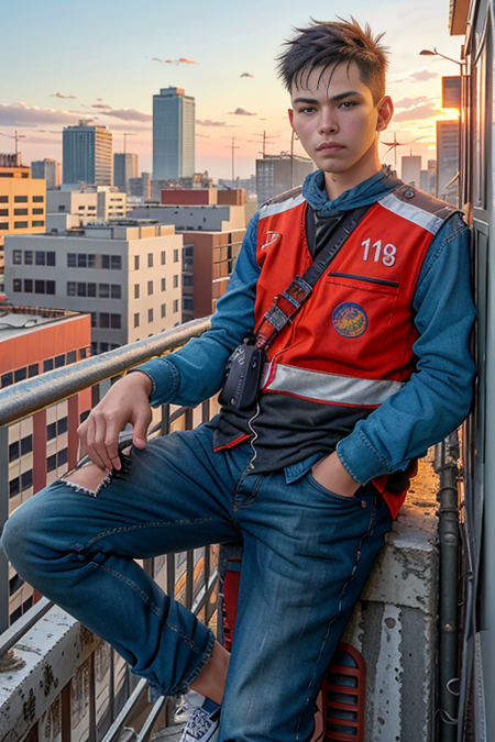 best quality, ultra high res, solo, mid body, a man is 18 years old , Mohawk hair, <lora:winmotorcyc:1>, jeans, emphasize the focus on the face , View from Portrait, looking straight at the camera, Left hand holding a classic helmet , (city background), right hand 4 fingers