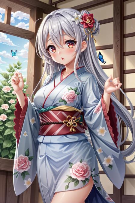 1girl, japanese clothes, solo, kimono, flower, long hair, floral print, hair ornament, obi, hair flower, sash, breasts, red eyes, long sleeves, wide sleeves, frills, very long hair, blue kimono, print kimono, bangs, rose, looking at viewer, blush, hair between eyes, blurry, blurry foreground, bug, butterfly, parted lips, depth of field, red flower, white flower, pink flower, frilled kimono, medium breasts, grey hair, hands up, frilled sleeves, cowboy shot, standing, :o, large breasts