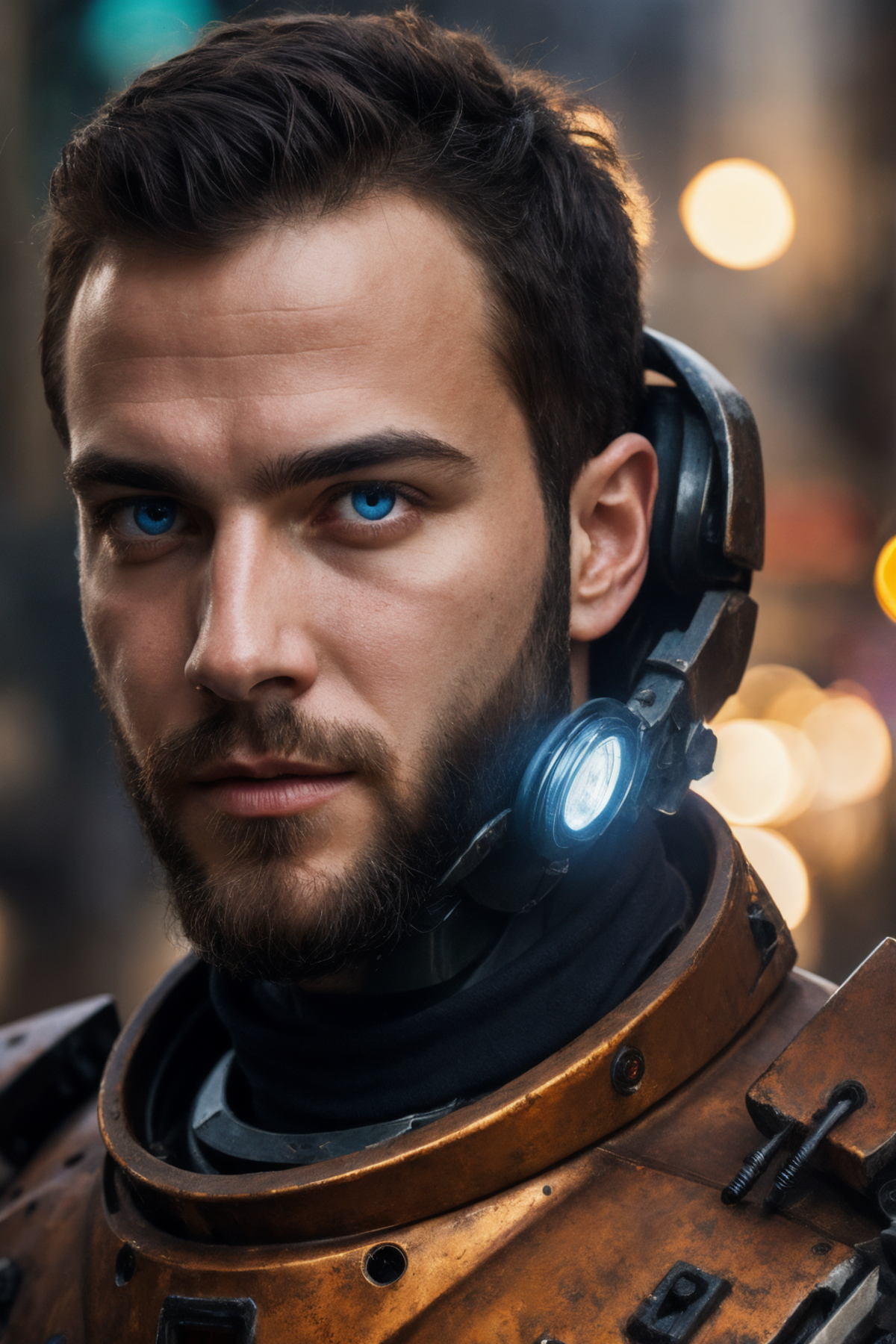A man with blue eyes and a beard wearing a futuristic armor.