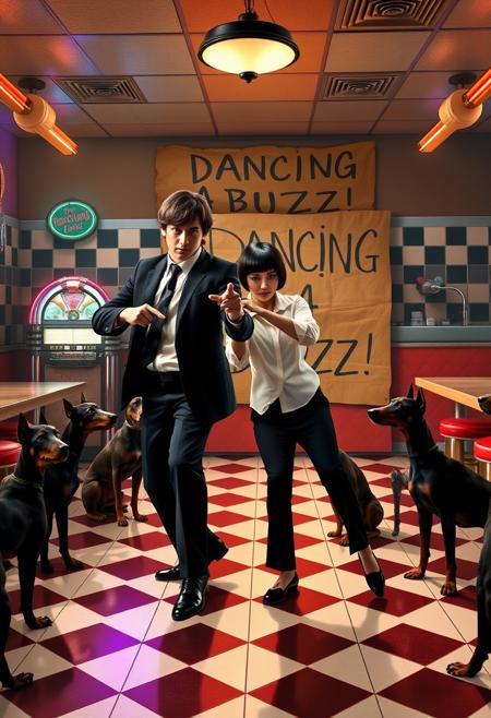 Create an image of a lively dance scene reminiscent of the iconic moment in “Pulp Fiction,” but with a unique twist. The setting is a retro-themed 1950s diner with checkered floors, neon lights, and a jukebox playing in the background. In the foreground, two characters are dancing: one is a man with dark hair, wearing a black suit, white shirt, and tie, and the other is a woman with a short black bob haircut, dressed in a white blouse and black pants. They are mid-dance, striking a playful pose with confident expressions, one pointing towards the other.
Surrounding the dance floor are several dobermans with menacing postures, their eyes glowing a fiery red, giving the scene a surreal and eerie atmosphere. In the background, prominently displayed, is a large cardboard sign that reads “DANCING 4 BUZZ!” in bold, hand-drawn letters. The sign adds a quirky, almost playful element to the otherwise intense and otherworldly scene, blending humor with the ominous vibe of the dobermans. The overall image should feel dynamic, with a mix of cool, rebellious energy and surreal tension.