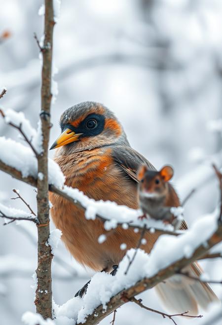 Robin the bird with tipical mask on the face in snowy tree, Batman like a mouse watch him