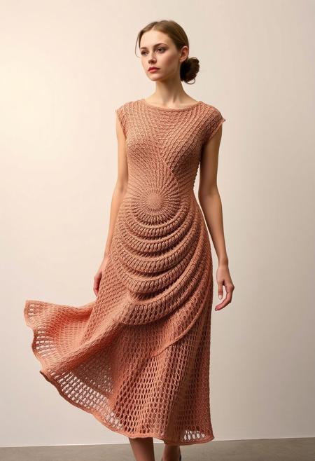 (nubile young woman:1.3), wearing (dress formed from a single intricate spirograph design:1.6), (knitted spiral structure:1.5), (dense central pattern:1.4), (lighter, breathable edges:1.3), (graceful curves in spiral knitting:1.3), (smooth fabric flow:1.2), (dynamic symmetry across the dress), (layered spiral complexity), (highlighted edges with subtle sheen:1.1), (minimal accessories), (elegant gallery setting), (light wind effect on fabric movement), (refined texture:1.3), (bulky or awkward structure:-1.4), (grayish tones:-1.2), (rough edges:-1.2), (photorealism:-1.5), (disproportionate anatomy:-1.3), (blurry elements:-1.2), (oversaturated highlights:-1.2)