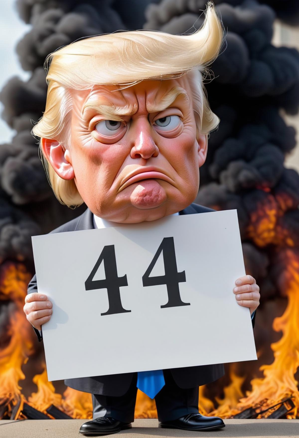 Cartoon Trump Holding a 44 Sign and Making a Funny Frown Face.