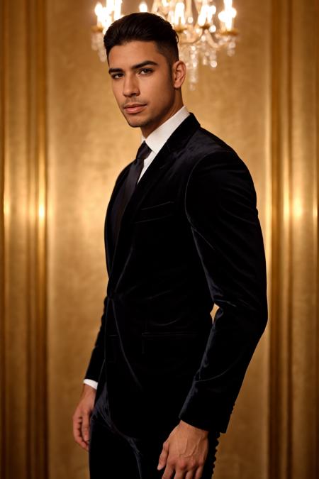 male focus, solo, 1boy,  gorgeous puerto rican man wearing a skin tight velvet business suit, (golden chandelier background), warm tones, looking to side,