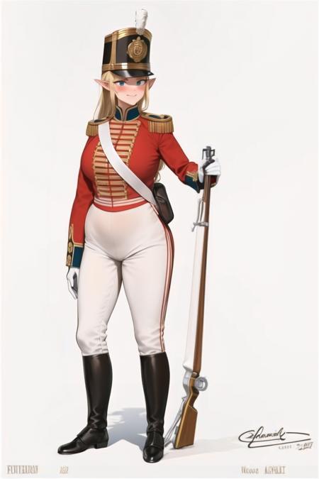 masterpiece, best quality, absurdres, high resolution, extremely detailed, 1girl,  <lora:redcoatv2:0.75>,military_uniform, uniform, standing, hat, epaulettes ,military, white_pants, red_jacket,shako hat, white pants,napoleonera, regiment of foot,redcoat,  red and white hackle, red and white plume, blonde long wavy hair, blue eyes, smug, full-face blush,(( large breasts, huge breasts,  wide hips, narrow waist,)) elf,pointy ears,   <lora:mashu style-03:0.8>,