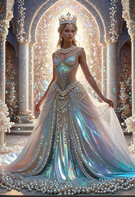 Concept: Pearlum, princess, opalescence, splendor, imagination, divine, texture, magic, character, female.
Core Elements: female figure, shimmering opalescent gown, pearl-infused crown, ethereal light, regal pose, mystical setting.
Atmosphere/Mood: majestic, divine, mystical, serene, graceful, awe-inspiring, luminous.
Setting Details: a princess, her form shimmering with opalescent light, stands gracefully in a celestial, pearl-infused palace chamber or ethereal garden.
Central Figure Details: princess. Her gown, a cascade of shifting opalescent colors, like liquid pearls. Crown, crafted from luminous pearls and ethereal gems. Hair, flowing, adorned with glowing pearl accents. Eyes, large, luminous, reflecting inner purity and wisdom. Embodies splendor, imagination, magical opalescence, a divine ruler.
Lighting: soft, ethereal light, reflecting off opalescent surfaces. Shimmering glows from gown and crown. Emphasizes shifting colors, divine presence.
Composition: portrait, regal pose, central focus on the princess. Background: pearl-infused palace interior or ethereal garden.
Color Palette: dominant iridescent whites, creams, soft blues, pinks, purples from opalescence. Accents of deep golds, silvers. Luminous glows. Ethereal, harmonious, fantastical.
Quality: Pearlum, photorealistic, ultra detailed, magical realism, enchanting atmosphere, visually striking, hyperrealistic, fantasy, princess.