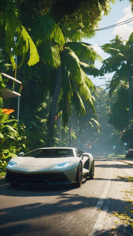 A chaotic car chase through the vibrant streets of Coconut Grove, the lush greenery providing a contrasting backdrop:1.4. , unreal engine 5 , GTA screenshot<lora:GTA_VI_Style:1><lora:GTA_VI_Style:1><lora:GTA_VI_Style:1><lora:GTA_VI_Style:1>