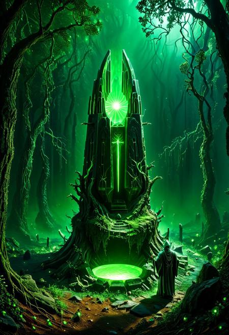Enter a realm forsaken by the gods, a necrotic wood where the very air reeks of decay and rot. Twisted, gnarled trunks claw at the sanguine sky, their grasping branches like the skeletal fingers of long-dead sorcerers. Mist swirls between the boles, clinging to the earth like a burial shroud.
Shattered monuments to forgotten deities dot the forest floor, their crumbling stones covered in lichen and mold. Bone fragments, bleached white and picked clean, lay scattered among the detritus, mute testimony to unspeakable rites conducted in ages past.
At the heart of this blighted clearing rises a dais of obsidian, polished smooth as if by the touch of a thousand year's worth of worshippers. Upon its altar-top surface, a pulsating organ of indeterminate origin throbs with an eerie, otherworldly beat. Veins of sickly green light race across its surface, converging at a central node that seems to suck the very essence from the surrounding woods.
Before this profane offering kneels a robed figure, cowled and inscrutable.
sci-fi, alien-worlds, eeriness, futuristic, outer-space, science-fiction, alien-themed, extraterrestrial, cosmic, otherworldly, mysterious, 
concept-art, adventure, fantasy, whimsy, dreaminess, digital, illustration, magic, 
beautiful, painterly, textural, artistic, aesthetic, 
intricate details, highly detailed, ultra-detailed, absurdres, vivid, vibrant, volumetric lighting, 
Necron,, electricity, green glow, green theme,, aid291, midjourneyv6.1, ais-particlez
