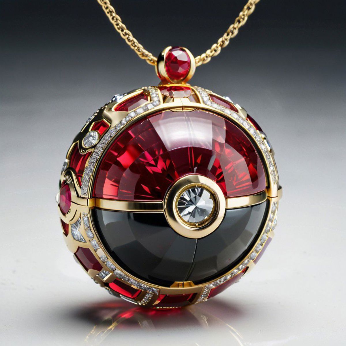 A red and gold Pokemon ball shaped pendant with a diamond in the center.