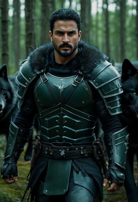 battle shot, human druid wearing leather armor running with his pack of black wolves to battle, (full body:1.0), symmetrical face, focus on body, wide view, 1boy, black hair, very attractive, olive skin, warrior, muscular, short hair, trimmed short full black beard, strong jaw line, long square chin, 28 years old, handsome, attractive rugged, sexy features, kind eyes, dark green eyes, tall, Camera: (EE 70mm lens:1.1), Shot: full view, Cinematic, Cinematic Lighting, ultra HD, 8k, best quality, super complex details, hyper detailed, expressive, award winning, (ultra realistic), textured skin, sharp focus, photo realistic, 4k, natural, global illumination, <lora:JuggerCineXL2:1.0>, <lora:add-detail-xl:1>, <lora:xl_more_art-full_v1:1>