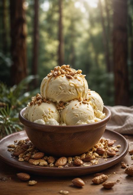 RAW photo, pine nut ice cream, hot summer day, food photo, DSLR, toasted pine nuts and a drizzle of honey garnish, soft lighting, high quality, film grain, Fujifilm XT
