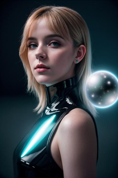 MckennaG_SoloTI_v1,
(In a sleek metallic bodysuit, with holographic accessories, for a futuristic and avant-garde look), (A virtual realm at twilight, with surreal landscapes and shifting realities, glowing orbs floating in the ether, otherworldly atmosphere:1.3), (seductive:1.3),(analog, cinematic, film grain, hazy atmosphere, cinematic shot:1.3),
 <lora:add_detail:0.6>, PA7_Portrait-MCU,
