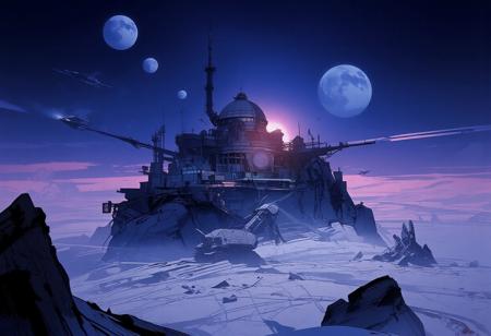 Seen from the sky, a futuristic city rises in the middle of an icy expanse. The scene takes place on another planet, as two moons are visible in the sky. The city is perched on a massive rocky spur, its architecture sleek and harmonious, made of glass and steel. A large building with a grand dome overlooks the city, and communication antennas are scattered throughout.
Space traffic is visible, with several spacecraft above and below, some docking at the city's elevated astroport. On the ground, a few mining vehicles operate. The city is surrounded by a vast frozen desert, with occasional jagged rocks protruding from the ice.
The sky remains bright as the sun sets behind us, casting a cold glow over the scene. The atmosphere is nocturnal, dominated by deep bluish tones.