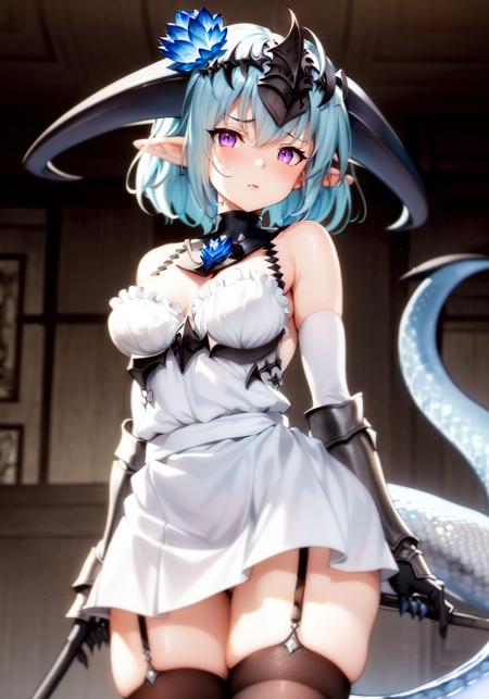 1girl, a beautiful illustration of (Filene32-62000:1.15) standing, standing, on toes, she is staring at the viewer with contempt, she is angry, water drop, 1girl, garter straps, [[horns curled backwards to the sides]], pointy ears, short hair, blue ice dragon tail made of ice, gauntlets, thighhighs, [dragon horns curved backwards to the sides], white dress with black decorations, dress, dragon girl, breasts, boots, blue flower, full body, ice, medium breasts, elbow gloves, hair flower, hair between eyes, strapless, strapless dress, gloves, flower, purple eyes, bare shoulders, white skirt, headpiece, detached collar, halterneck, hair ornament, bangs, thigh boots, standing, armored boots, black legwear, circlet, [curled horns], arm guards, sidelocks, frills, frilled dress, belt, detached sleeves, light blue hair, ((single strap)), asymmetrical breastplate, backless outfit, tail, ((dragon tail)), ice tail, (her dragon tail is attached to her lower back), ((single)) garter strap, ((cygames)), official art, game cg, best quality, highres, absurdres, perfect face, accurate face, detailed face, cinematic lighting, textured skin, delicate hands, perfect hands, 4k hands, detailed hands, four fingers, thumb, realistic eyes, nose, sharp focus, delicate, ambient light, soft light, soft lighting, [[anime screencap]], [hyperrealistic], photorealistic, ((arms crossed)), (asymmetrical clothing:1.2), her tail starts thick at the base near her body then gets thinner, thick tail, ((low angle, from below)), cowboy shot, upper body, looking down, ((((parted lips, shaded face, sneer, scowl, frown disgust, contempt, anger, annoyed, glaring, looking at viewer)))), ((v-shaped eyebrows, tsurime, furrowed brow, a girl making a disgusted expression, hatred, hateful expression, hate, scorn, scornful expression, )),