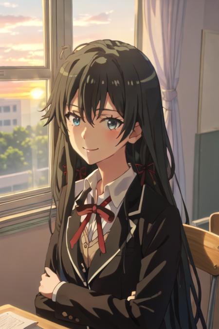 best quality, masterpiece, highres, solo, {yukino_yukinoshita_yahariorenoseishunlovecomewamachigatteiru:1.15}, long_hair, black_hair, ribbon, blue_eyes, hair_ribbon, blazer, 1girl, bangs, collared_shirt, hair_between_eyes, looking_at_viewer, red_ribbon, school_uniform, shirt, sobu_high_school_uniform, sunset, white_shirt, window, indoors, neck_ribbon, smile, upper_body, closed_mouth