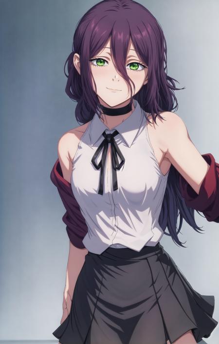 ((best quality)), (((masterpiece))), 1girl, simple background, green eyes, purple hair, ringed eyes, red and black jacket, black skirt