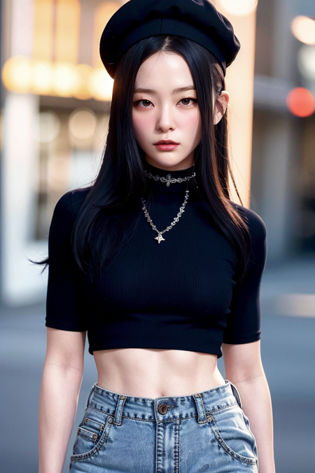 rvseulgi, urban, streets, (day:1.1), RAW,(8k, best quality, masterpiece:1.2),(intricate details:1.4),(photorealistic:1.4),octane render, complex 3d render ultra detailed, studio soft light, rim light, vibrant details, ultra detailed, realistic skin texture, detailed face, beautiful detailed eyes, extremely detailed CG unity 8k wallpaper, makeup, (detailed background:1.2), (cowboy shot:1.2),(perfect anatomy:1.2),(wide hip:1.1),(black t-shirt, pants, choker, beret:1.2), <lora:rvseulgi-v1:1>