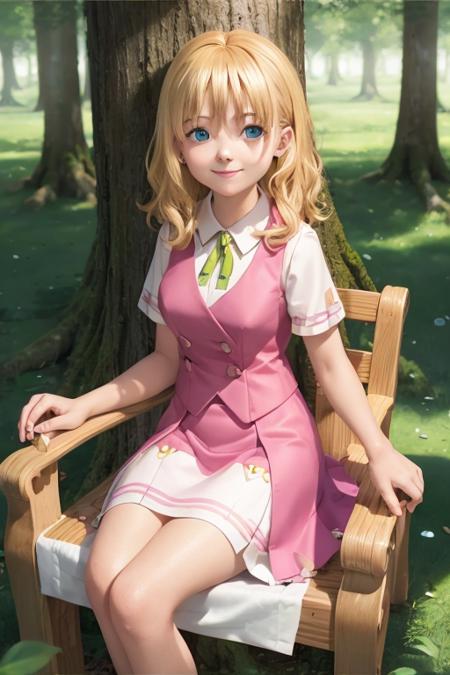 1girl, sxhelen, blonde hair, medium hair, blue eyes, skirt, forest, sitting, smile <lora:sonicx_helen:0.7>