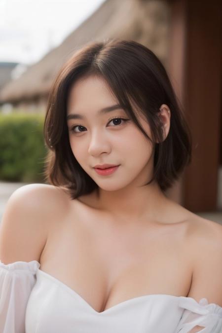 (beautiful polynesian woman, mixed korean, mixed japanese, korean idol), natural light, soft light, besth lighting, high resolution, 8k, (best quality, masterpiece:1.2), photorealistic, ultra high res, intricate detail, Exquisite details and textures, ulzzang-6500-v1.1, ((make-up, blush-on, blush, blushing)),1girl, ((messy hair, smile, lips, collarbone)), model posing, hurry, outside, ((square face shape)), fullbody shot,
