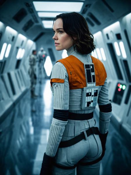 professional full body portrait photograph (taken from behind:1.9)  of Daisy Ridley with (long hair), (wearing a rebel pilot suit, <lora:RebelpilotXL:0.8>1.2), (in a spaceship hallway:1.2), (smile:0.7), <lora:DetailedEyes_V3:0.8> (torso) (pores:0.5) (freckles:0.2) (bokeh:0.3) <lora:neg4all_bdsqlsz_xl_V7:1.0> <lora:sdxl_offset_example_v10:0.4> (Perfect Hands, <lora:Perfect Hands:1.0>)