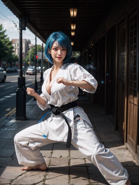 (perfect glossy shiny skins:1.3),(full body:1.4),
(1girl),solo,<lora:karate_uniform-000007:0.5>,(karate uniform:1.3),martial arts belt,(fighting stance:1.3),
(8k, RAW photo, best quality, masterpiece:1.2),(realistic),(photo-realistic:1.37),(exquisitely detailed),ultra_color,high quality,ultra detailed,(Real picture),(realistic skin),(intricate details),
(dramatic_light),(beautiful_detailed_light),lens flare,ultra_color,(shining_particles),(bright_dust_particles),professional lighting,photon mapping,radiosity,physically-based rendering,highres,extremely detailed,cinematic lighting,
(beautiful big eyes),round eyes,pretty face,Blushing face,light smile,high nose bridge,shiny eyes,
(a 20 years old beautiful Euro woman),(a face of perfect proportion),(high nose),(((bangs))),(((colored inner hair))),(((hair beads))),
beautiful composition,(muscle:0.8),nice hands,perfect hands,
(big breasts:1.2),
outdoors,park,
looking at viewer,dynamic pose,best shadow,
steaming body,(shiny skin),sweaty,embarrassed,<lora:FilmG2:0.4>,<lora:GoodHands-vanilla:1>,<lora:more_details:0.3>,