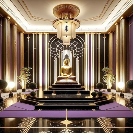 masterpiece, best quality, 4k, 8k, absurdres, rating_safe, RetroBG. A wide, cinematic view of a majestic fantasy throne room that fuses tranquil Japanese Zen architecture with the bold geometry of Art Deco design. Towering columns shaped like stylized golden humanoid figures evoke the calm posture of Bodhisattvas, but follow Art Deco symmetry and verticality. Curved pagoda-style rooflines float above, seamlessly woven into the chamber’s grand arc. Rice paper walls glow softly behind geometric latticework, diffusing ambient twilight in shifting hues of silver, violet, and indigo. Polished black stone floors reflect light from a vast concentric chandelier of golden rings and origami-like shapes that rotate in slow, meditative rhythm. Silk banners embroidered with calligraphic sigils and Deco motifs ripple in a serene, magical breeze. Scattered crystal bonsai trees hum with subtle enchantment. A low, lacquered throne—combining stepped Deco form with Japanese minimalist beauty—sits atop a raised platform of obsidian and moonstone. Ethereal instruments in carved niches play soft, bell-like tones, and mist drifts gently around the chamber’s edges. Cinematic, serene, mythical, elegant. The space breathes calm.