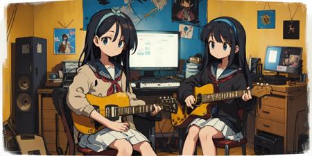 1girl, solo, holding, sitting, chair, instrument, microphone, guitar, cable, computer, monitor, holding instrument, electric guitar, poster (object), keyboard (computer), mouse (computer), amplifier, (masterpiece, best quality:1), bags under eyes, bangs, black hair, blue eyes, blue hairband, brown cardigan, long hair, white serafuku, white skirt   <lora:Beautiful Detailed Eyes [5693]:0.3>