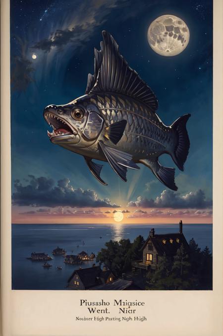 (masterpiece), (best quality), (detailed), (highres), (aesthetic), Leyendecker, story book design, extremely detailed face, perfect lighting, humpback, cloud,(building), sky, moon, star (sky), scenery, no humans, starry sky, night, fish, night sky, full moon, cloudy sky, outdoors, fantasy, colorful, light particles, dynamic lighting, finely detailed, <lora:Leyendecker:0.7>