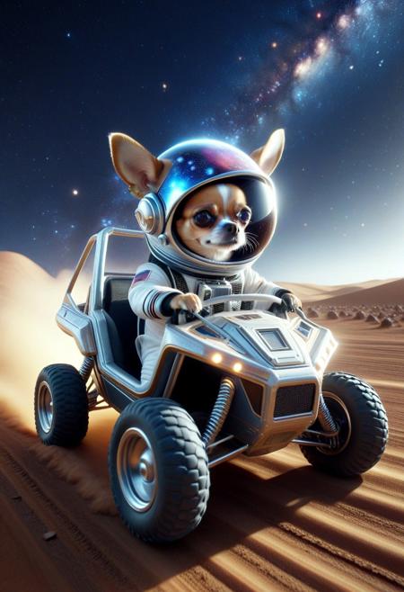 (Cosmic skin texture:1.3), CosmicStyle, from side, closeup cute small 4WD buggy, astronaut chihuahua driving, wear round goggles, wear animal ears helmet, wear CosmicStyle astronaut suit, run through on space planet dirt road, Dust, (surround by buggys:1.2), space, galaxy, cinematic, cinematic lighting, (masterpiece, best quality:1.4), ultra-high res, 4k, Photorealistic, insanely detailed, sfw,