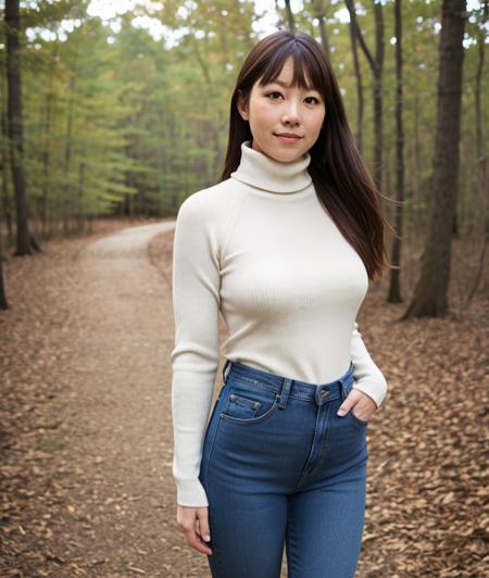 p1rop3, nature, outdoor, jeans, Turtleneck, Japanese garden, upper body, asian, smile 