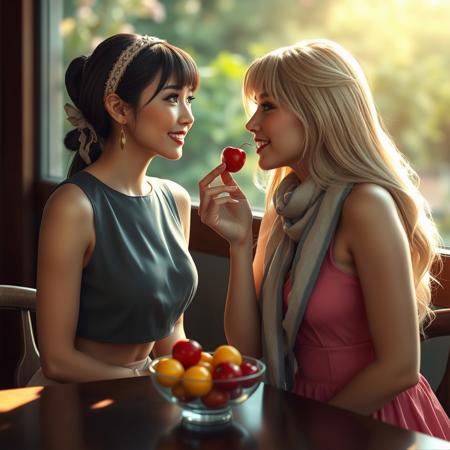 real life realistic, two beautiful women at a table, bowl of fruit between them, women looking in each other's eyes lovingly as one offers a cherry to the open mouth of the other woman whose  hand is on the cheek of the other woman one Asian, one blonde Swede. one small breasts, one large breasts. one sleeveless blouse and skirt, one sundress. one headband, one scarf. one bangs, one long hair.
score_9, score_8_up, very detailed, detailed eyes,  high detailed texture, realistic, photorealistic, perfect eyes, real life realistic, Expressiveh, Stable_Yogis_PDXL_Positives, midjourneylora, detailed background, dynamic angle, volumetric lighting, godrays, beautiful, small breasts, green eyes,
