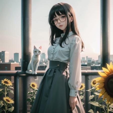 1girl, black hair, blouse, blue sky, blurry, bokeh, cat, cityscape, day, depth of field, flower, glasses, high-waist skirt, long hair, long skirt, long sleeves, outdoors, planet, railing, round glasses, saturn, short hair, skirt, sky, solo, standing, sunflower, sunlight, white blouse, white cat