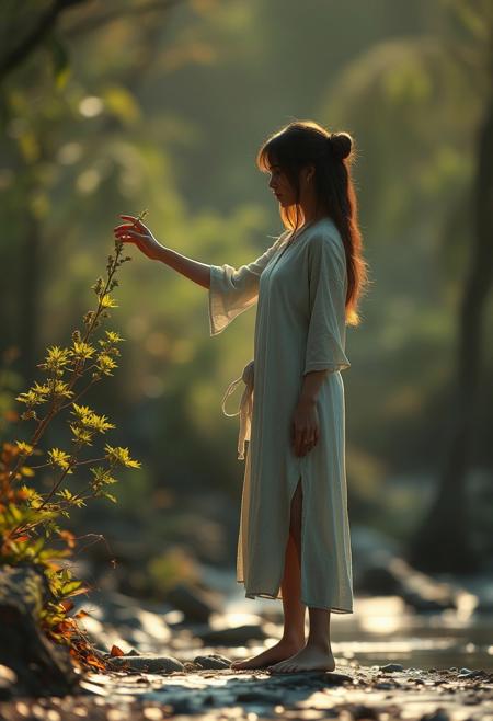 lone roguish female figure, standing, reaching out to touch a plant, stone, or water, connecting with nature, soft light, serene atmosphere, grounded, candid, subtle expression, lost in thought, engaging with surroundings, quiet action, (captured naturally:1.2), unplanned moment, peaceful, connection to nature, cinematic, (detailed background:1.3), natural light, dramatic lighting, depth of field, (photorealism:1.4), 8k UHD, (blurry:-1.3), (lowres:-1.5), (ugly:-1.2), (mutated:-1.4), (worst quality:-1.4), (bad anatomy:-1.3), (cartoon:-1.1), (sketch:-1.1), (distorted proportions:-1.3), (extra limbs:-1.5), (cgi:-1.4)