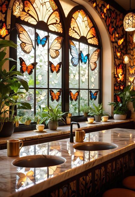 a beautiful cozy café infused with butterfly-inspired design, intricate butterfly wing patterns on walls and furniture, glowing stained-glass windows shaped like butterfly wings, warm ambient lighting with soft golden glow, reflective marble countertops, steam rising from elegant cups, soft light reflections on ceramic and glass, lush indoor plants with tiny luminous butterflies perched on them, shallow depth of field, dreamy cinematic atmosphere, rays of sunlight filtering through butterfly-shaped windowpanes, hyper-detailed textures, serene mood, bokeh light particles floating, butterflyStyle