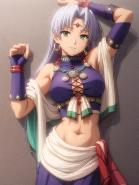 masterpiece, ultra high quality cg, best quality, scherazard, crop top, gauntlets, purple skirt, white shawl, leaning against a wall, village, red forehead jewel