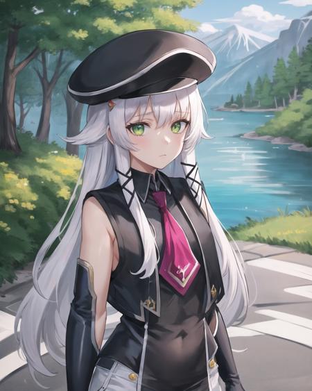 best quality, (masterpiece:1.2), illustration, absurdres,
(1girl), (solo), (beautiful detailed girl),
<lora:AltinaCS4:1>,  Altina Orion, white hair, long hair, sidelocks, tress ribbon, hair ornament, green eyes, flat chest, 
hat, headwear,
black top, black elbow gloves, sleeveless, white shorts, black thigh boots, purple necktie,
apathetic, expressionless,
(upper body, portrait),, arms behind back, grassy mountains, trees, chinese architecture, river, plants,