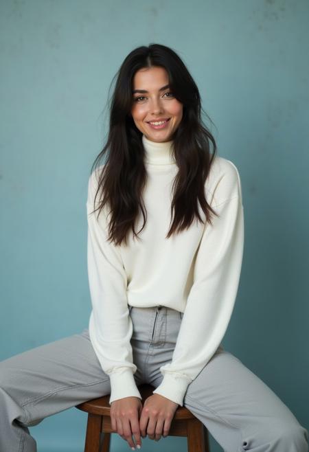 A young woman with medium boobs, perfect eyes, and light makeup, posing in a studio. sitting on a wooden stool with her legs spread wide and her hands resting on her thighs. She has long straight dark hair that falls over her shoulders. She is wearing a white turtleneck sweater and light grey trousers. She has a smile on her face and is looking directly at the camera. The background is a plain pale blue color. rembrandt lighting, grungy textured background wall, dark theme, kodak portra colors, professional color grading , high-budget production

