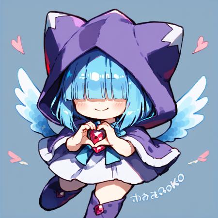 mahoko, blue hair, wings, hood, hair over eyes, hood up, capelet, gem, purple footwear, blunt bangs