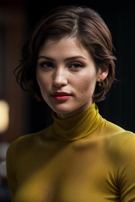 photo of extremely sexy (g3mmaart3rton:0.99), a woman as a sexy student, closeup portrait upsweep updo, (yellow tight long sleeve turtleneck top), at a cantina sitting bar (masterpiece:1.5) (photorealistic:1.1) (bokeh) (best quality) (detailed skin texture pores hairs:1.1) (intricate) (8k) (HDR) (wallpaper) (cinematic lighting) (sharp focus), (eyeliner), (painted lips:1.2), (earrings)