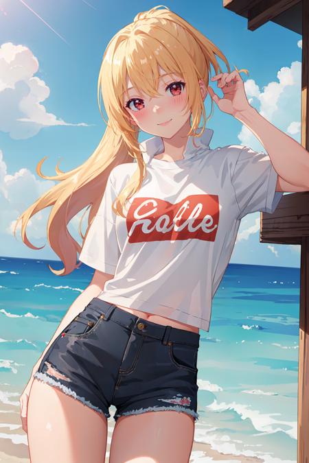 (masterpiece, best quality:1.4), looking at viewer, cowboy shot, smile, blush, yue, blonde hair, red eyes, ponytail, shirt, shorts, ocean, <lora:yue_v1:0.6>