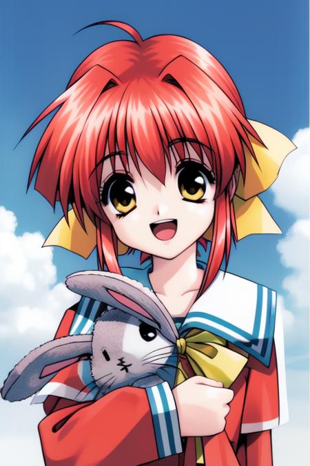 <lora:Akumu95_AoiKajitsunoSange:0.8>,akumu, 1girl, solo, stuffed bunny, stuffed toy, stuffed animal, red hair, rabbit, open mouth, short hair, ribbon, yellow eyes, school uniform, Yellow_ribbon, child,
school uniform,   long sleeves,  blue_sky, school, cowboy Shot, plaid, smile, 
1990s \(style\), masterpiece, high quality, very_high_resolution, large_filesize, full color,