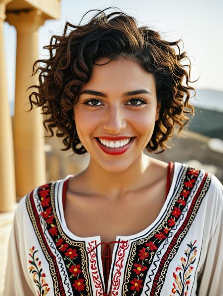 breathtaking detailed, masterpiece, absurdres, awe-inspiring, best quality, vibrant colors, RAW front-facing portrait of a beautiful Greek woman, olive skin, short dark curly bob hairstyle, dark expressive eyes, wide smiling expression, laughing naturally, wearing embroidered tribal tunic with red accents, direct eye contact, Fujifilm XT3, kodak ektar 100, sunlit golden hour, light breeze moving hair, crisp resolution, DSLR clarity, high detail film style, vivid colors, slight lens distortion from close camera view, film grain, subtle dust particles in air, shallow DOF, dynamic framing, cinematic natural bokeh<lora:sdxl_Aphrodite_SDXL_V2.safetensors:0.8:0.8>