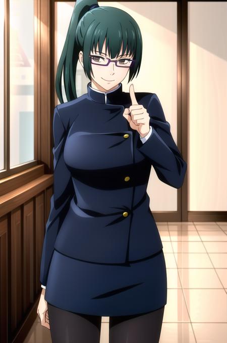 (masterpiece), high quality, (detailed background:1.3), 1girl, solo,
<lora:MakiZenin-v2-05:0.65>, ChopioMakiZenin, long hair, green hair, blunt bangs, high ponytail, brown eyes, glasses, semi-rimless eyewear, (looking at viewer:1.3),
hair tie,
outfit_1, gakuran, blue jacket, long sleeves, blue skirt, black pantyhose,
school, indoors,
standing, (sexy smile, sexy pose:1.4),