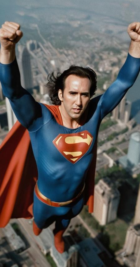 Nicolas Cage as Superman, long hair,  angry face, whole body, young 30 yo, floating on the air, surrounded by clouds, flying  superfast with the fist up,  focus on his fist and face, Metropolis in the background, detailed.