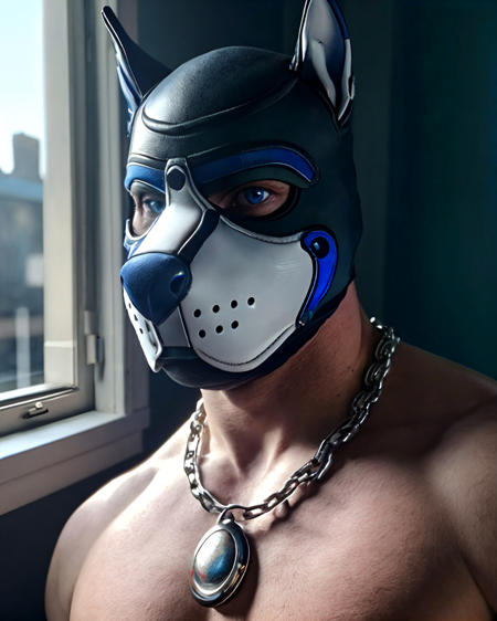 ASCII<lora:Pup_mask_jock:0.7> photo of a man, pup mask, blue eyes, necklace, window background, close up portrait, high detail, realistic, high detail, 8k, (Masterpiece, high quality:1.3), masterpiece, depth of field, bokeh, detailed, homoerotic, (homoerotic), highly detailed, sharp focus, intricate, smooth, elegant, fantasy, cinematic lighting, cinematic, masterpiece, matte, photorealistic, 4k, beautiful, volumetric lighting, dramatic,