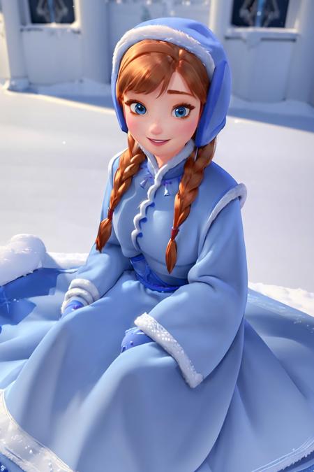 (masterpiece:1.4), (best qualit:1.4), (high resolution:1.4), anna of arendelle, blue christmas dress, blue cap, twin braids, winter,snow, looking at viewer, smile, <lora:anna_of_arendelle_v22o:1>